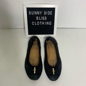 Tory Burch Black TLC  Sedgewick Leather Flats W/ Gold Bow Detailing Size 9M